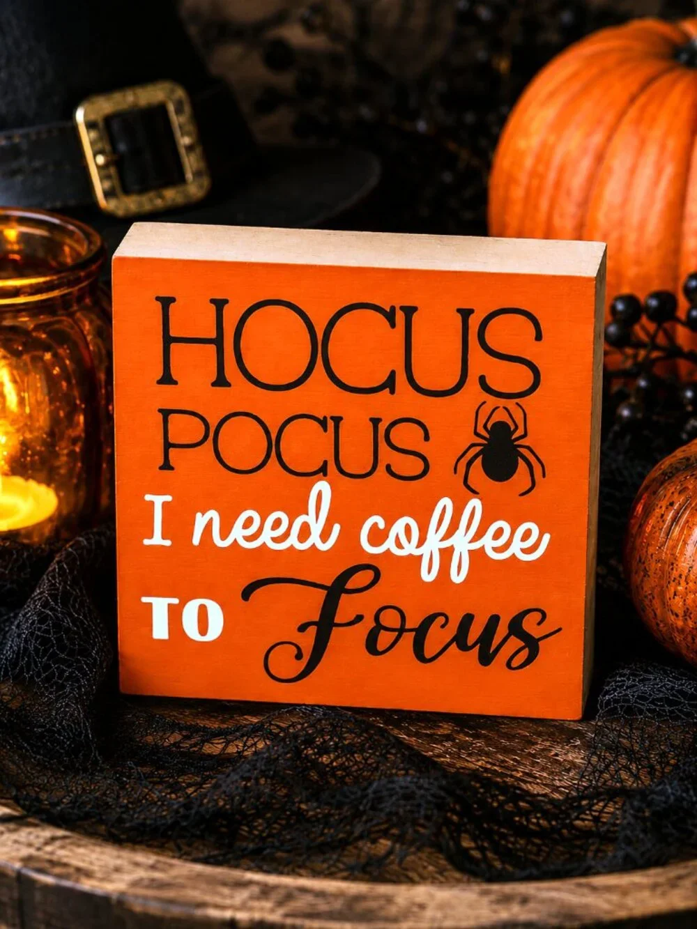 Hocus Pocus Coffee Wood Block Sign Witch Halloween Humor Home Décor NWT